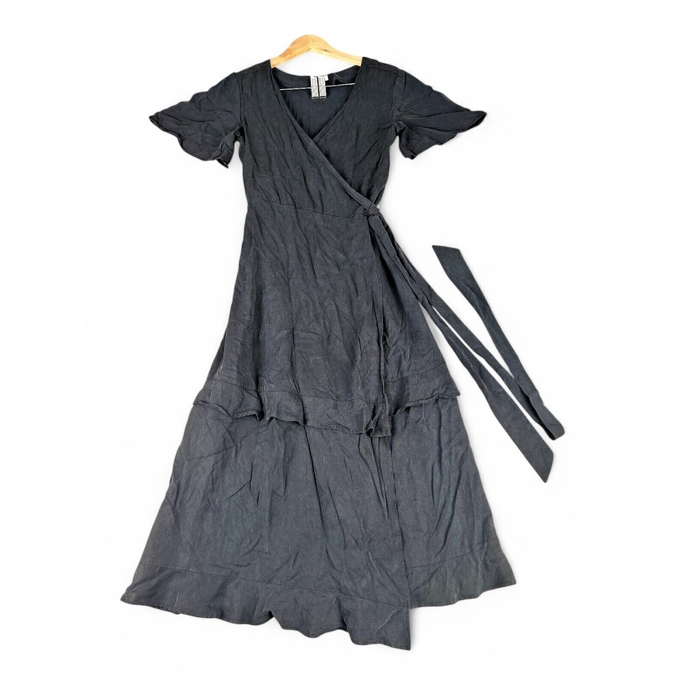 Vetta Black Wrap Maxi Dress S — Tiered Tie-Waist